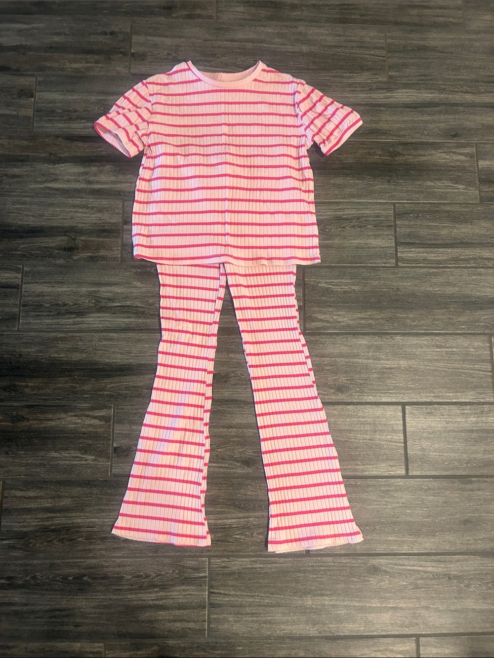 Jessica Simpson Pink & White Ribbed Stripe Kids Pajama Set